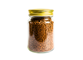 Glass jar of instant coffee granules isolated on transparent background