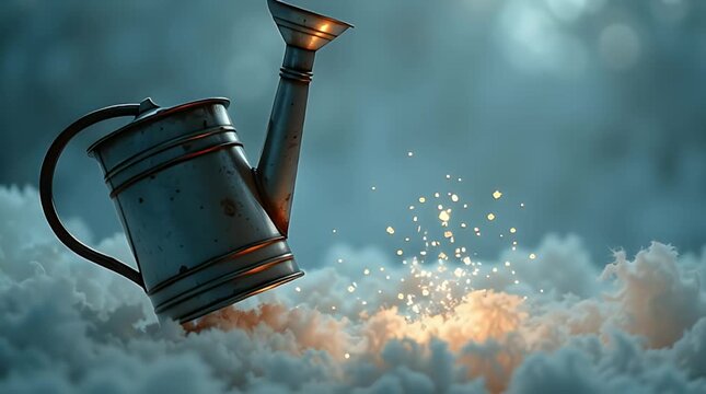 Metal watering can pouring glowing stars instead of water, dreamy magical concept, cosmic watercolor-style lighting, surreal gentle mood.