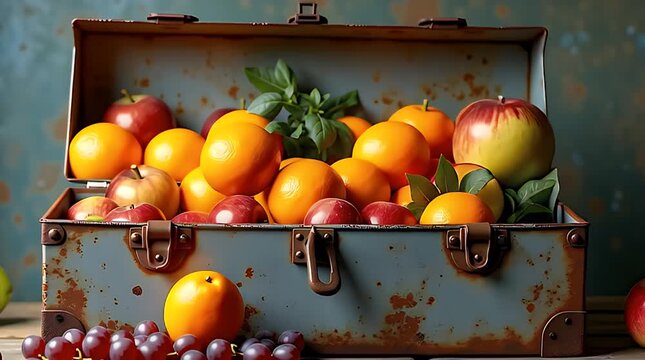 Metal toolbox packed with oranges, grapes, apple slices and mango instead of tools, humorous twist, bright market-friendly concept.