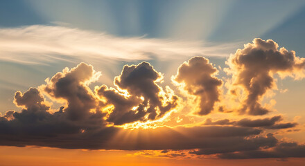 Sunlight Peeking Through Cumulus Clouds Forming Ray of Light casting Shadow creating Dramatic Scenery for Abstract Landscape Wallpaper Background