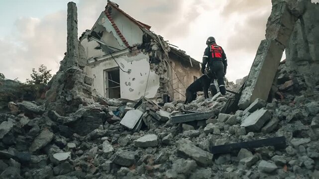 Aerial view of a collapsed building with a firefighter and a black dog amidst rubble. The sky is partly cloudy, and the scene is set against a backdrop of a dilapidated structure.