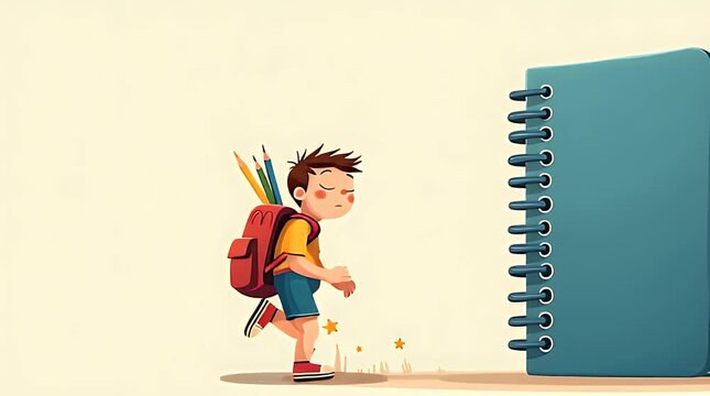 Tiny character gripping and climbing up the metal spiral of a huge notebook as if rock climbing, educational creativity concept, simple vector-like style.