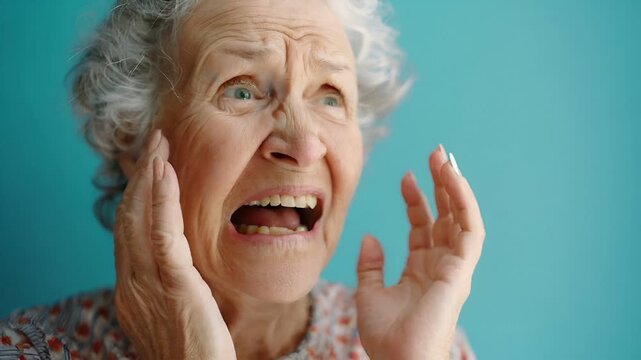 Tooth dental health concept. A closeup portrait of an elderly woman with a surprised or shocked expression. She has white hair and is wearing a patterned blouse.
