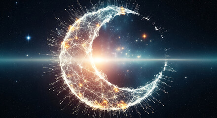 Cosmic Crescent Moon Design with Starry Background Intricate Wireframe Structure Creates a Futuristic Lunar Symbol Glowing Light and Celestial Aura