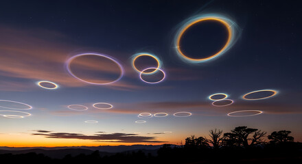 Abstract Celestial Rings over Dark Landscape Ethereal Glowing Circles Hover in the Night Sky Mysterious and Dreamlike Cosmic Phenomenon Art
