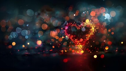 A vibrant, abstract digital artwork featuring a heartshaped explosion of multicolored lights. The heart is the central focus, surrounded by a myriad of bokeh effects that give it a dreamy. - Powered by Adobe