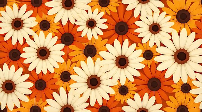 Colorful 70s-style daisy flowers arranged in a groovy repeating pattern with warm orange, cream, and chocolate brown tones.
