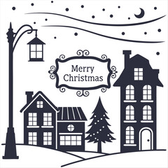 Fototapeta premium Christmas village street scene silhouette. Vector illustration of a festive vintage town with Merry Christmas banner.