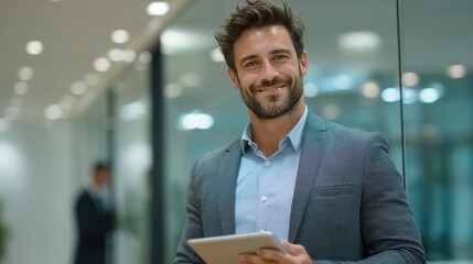 A man with a friendly smile stands in a bright modern office. He is dressed professionally and holds a tablet. The atmosphere is busy with another person working in the background.