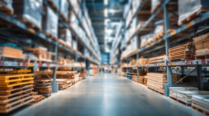A busy warehouse showcases tall shelves filled with stacks of wooden boards and construction materials. Natural light illuminates the organized space highlighting products ready for use.