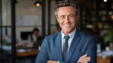 A well dressed businessman stands with arms crossed and a smile showcasing confidence in a modern office. Team members are engaged in discussions nearby.
