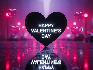 Happy valentines day heart sign with balloons in rain