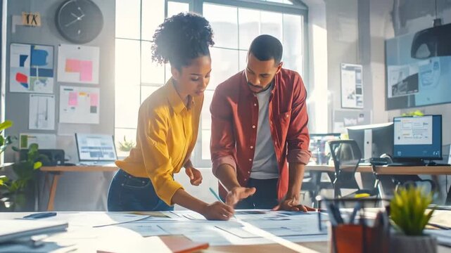 Diverse Team Collaborating on Project in Modern Office