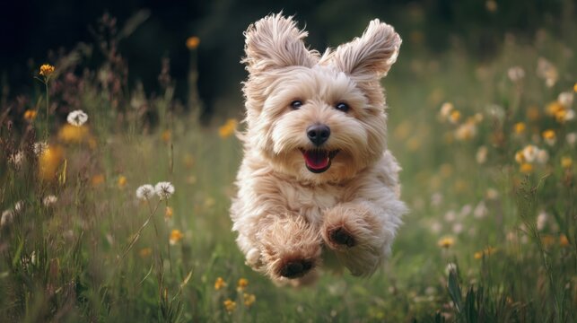 A joyful dog with fluffy fur leaps through a vibrant field filled with colorful wildflowers under clear blue skies during springtime.