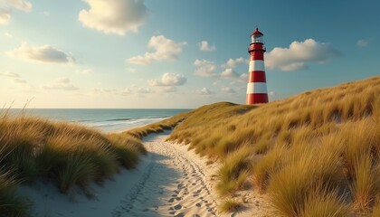 Red, white striped lighthouse stands on sandy dune. Winding footpath leads toward calm ocean beach. Dry golden grass covers coastal area. Blue sky, soft clouds create serene scenic travel destination