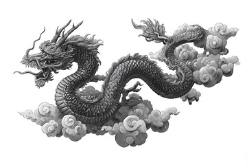 Fototapeta premium Majestic dragon soaring through clouds, a symbol of power and good fortune, perfect for fantasy designs, mythical stories, and cultural celebrations, capturing ancient traditions