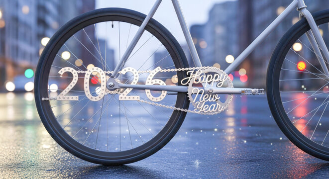 New year 2026 celebration concept with bicycle chain forming numbers and city bokeh lights. isolated on white background, Vector - Powered by Adobe