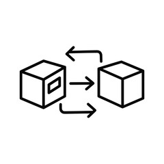 Line icon of two boxes with arrows, symbolizing data or product transfer, exchange, logistics, and delivery process