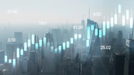 Financial trading data over a city landscape, visualizing market growth and trends. The image showcases financial data overlaying a cityscape.