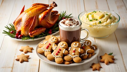 Festive holiday meal with roasted turkey mashed potatoes gingerbread cookies and hot chocolate