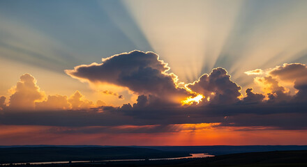 Golden Hour Sky with Sunbeams Piercing Through Clouds near Horizon at Sunrise, Creating Beautiful Crepuscular Rays in Warm Colors