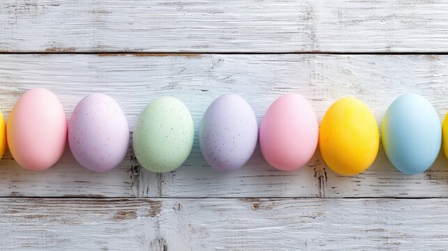 Colorful eggs in pastel shades are neatly arranged on a rustic wooden surface creating a cheerful atmosphere perfect for spring celebrations and holiday festivities.