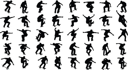 Silhouette of a skateboarder performing various tricks, isolated on collection of skateboarding poses and movements for extreme sports enthusiasts
