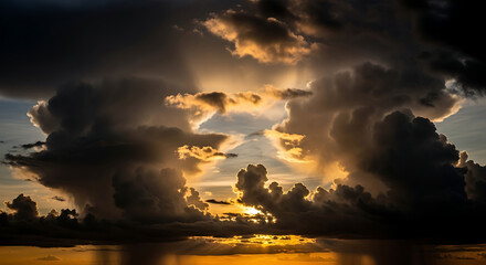 Dramatic Cumulonimbus Cloudscape with Sunlight Rays Shining Through Creating an Atmospheric Outdoor Scenery During Sunset Time Natural Beauty