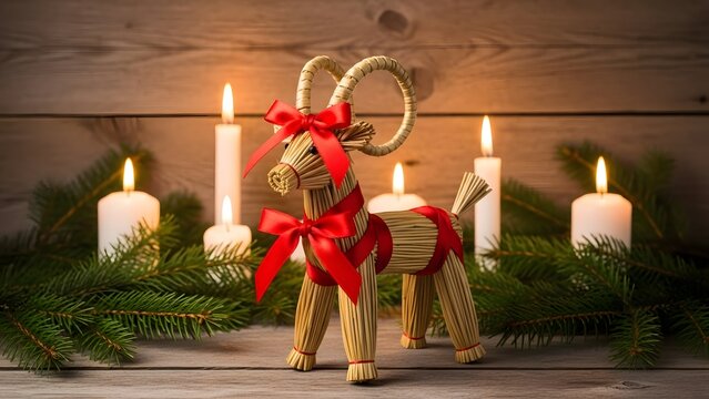 Traditional Swedish Yule Goat (Julbock) made of straw with red ribbons, surrounded by festive Christmas candles and fir branches on a rustic wooden background, symbolizing holiday traditions and warmt