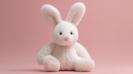Obraz premium A fluffy white bunny toy sits on a soft pink background featuring long ears and a welcoming smile. The plush toy has a gentle and adorable look perfect for cuddling.