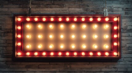 A vintage light up marquee sign hangs on a rustic brick wall featuring numerous glowing bulbs. The scene evokes nostalgia and charm perfect for events theater or creative projects.