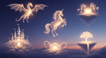 Fantasy Cloudscape with Dragon Unicorn and Castle Floating Islands Surreal Dreamlike Illustration Digital Art Ethereal Creatures Surreal Landscape