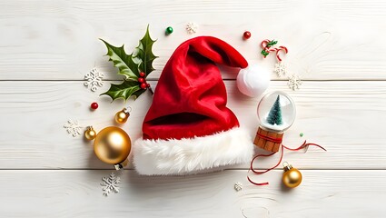 Festive christmas hat and ornaments on white wooden background