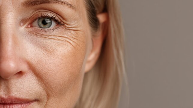 A woman gazes softly at the camera revealing her expressive eyes and gentle smile. The warm lighting enhances her natural features and subtle wrinkles celebrating beauty at any age.
