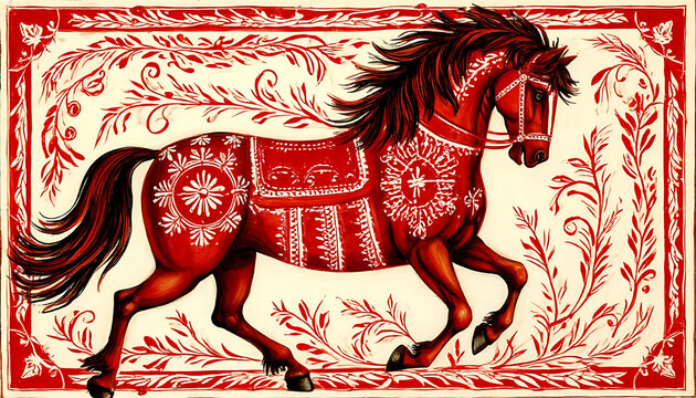 A majestic horse rendered in bold red and white, adorned with traditional Russian Khokhloma patterns. The dynamic pose and ornate floral motifs create a striking folk art piece, framed by swirling.
