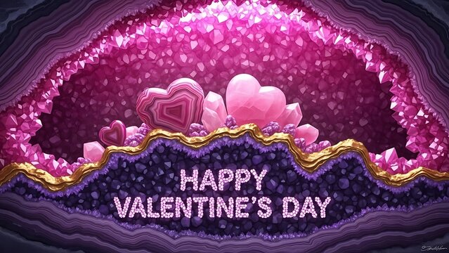 Happy valentines day message inside a pink crystal geode