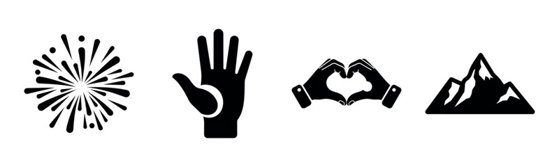 Fototapeta premium Set of icons: firework burst, hand gesture, heart hands, mountain silhouette