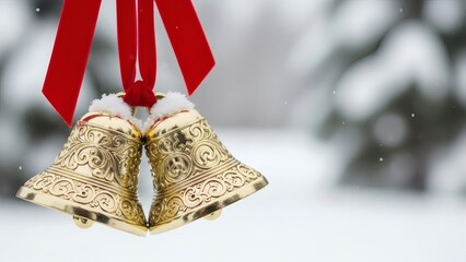 Stunning golden Christmas bells with red ribbon create a festive mood in a snowy winter wonderland for holiday season greetings