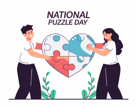 Celebrating National Puzzle Day A Couple Completing a Heart Shaped Puzzle Together with Joy and Teamwork man - Powered by Adobe