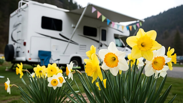 Rv camping in spring with blooming daffodils and colorful pennant banner