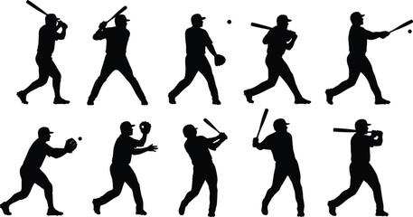 Silhouette of a baseball player in various poses, showcasing different actions such as batting, catching, and throwing, isolated on