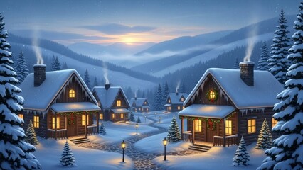 Experience the magic of a snowy winter village at sunset, cozy cabins decorated for Christmas in a peaceful mountain setting