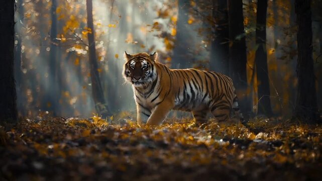 A vivid portrayal of a tiger in a forest setting during autumn. The tiger is captured in a relaxed pose, lying on the ground amidst a carpet of golden leaves.