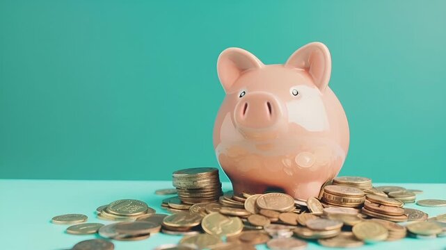 Money saving deposit financial planning concept. A closeup of a piggy bank and a pile of coins on a turquoise background. The pig is pink with a glossy finish.