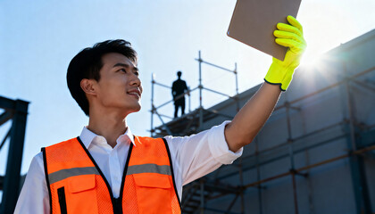 Young Asian engineer in a safety vest using a tablet at a construction site. Professional site manager inspecting a building project. Industrial technology and project management concept