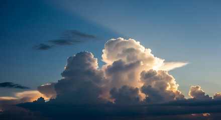 Cumulus Cloud Formation with Sun Shining Behind Creating Light and Shadows on Cloudscape in Blue Sky Environment with Atmospheric Perspective