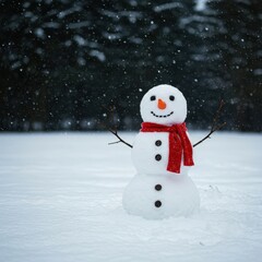 Obraz premium Traditional snowman wearing an orange carrot nose, black coal eyes, and a festive red scarf in a snowy winter field ,temperature ,peaceful ,playtime
