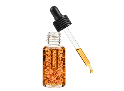 Amber liquid in glass dropper bottle with pipette isolated on transparent background