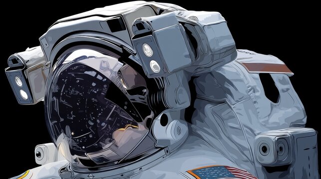 An astronaut in a detailed space suit gazes into the vastness of space illuminated by reflections from their helmet in a dark cosmic backdrop.