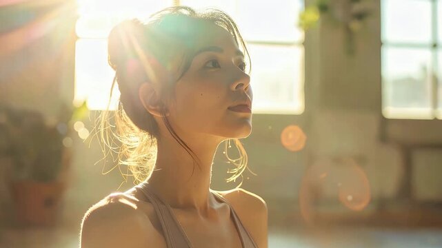 Young woman looking up with serene expression in sunlit room